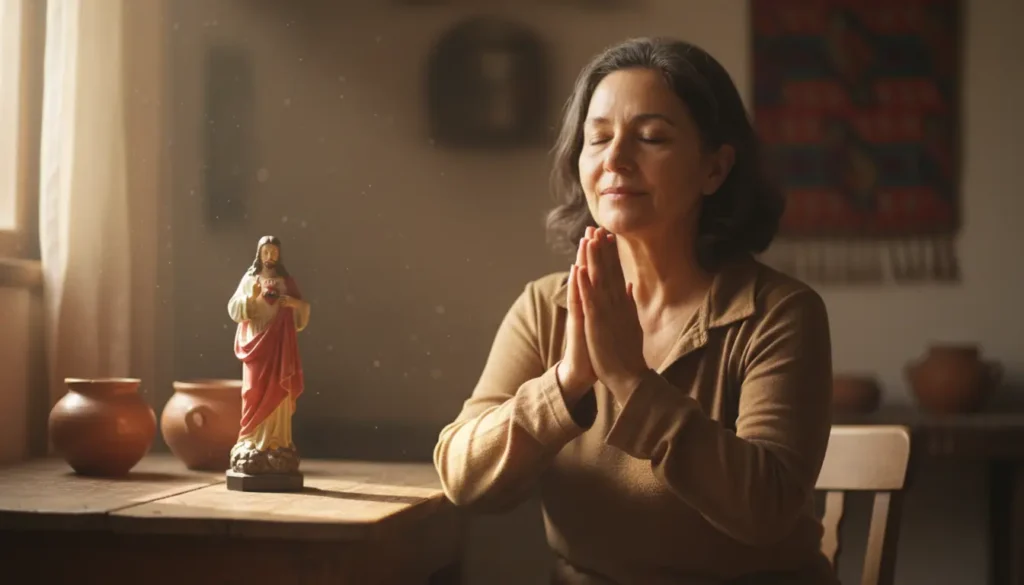 Pessoa em oração silenciosa em um quarto iluminado pelo sol, com uma imagem do Sagrado Coração de Jesus ao fundo, transmitindo paz e serenidade.