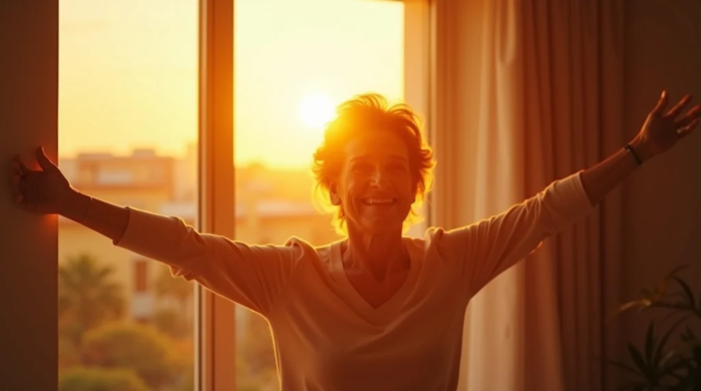 Pessoa madura com expressão esperançosa ao nascer do sol simbolizando redescoberta do propósito divino e novos começos após os 50 anos