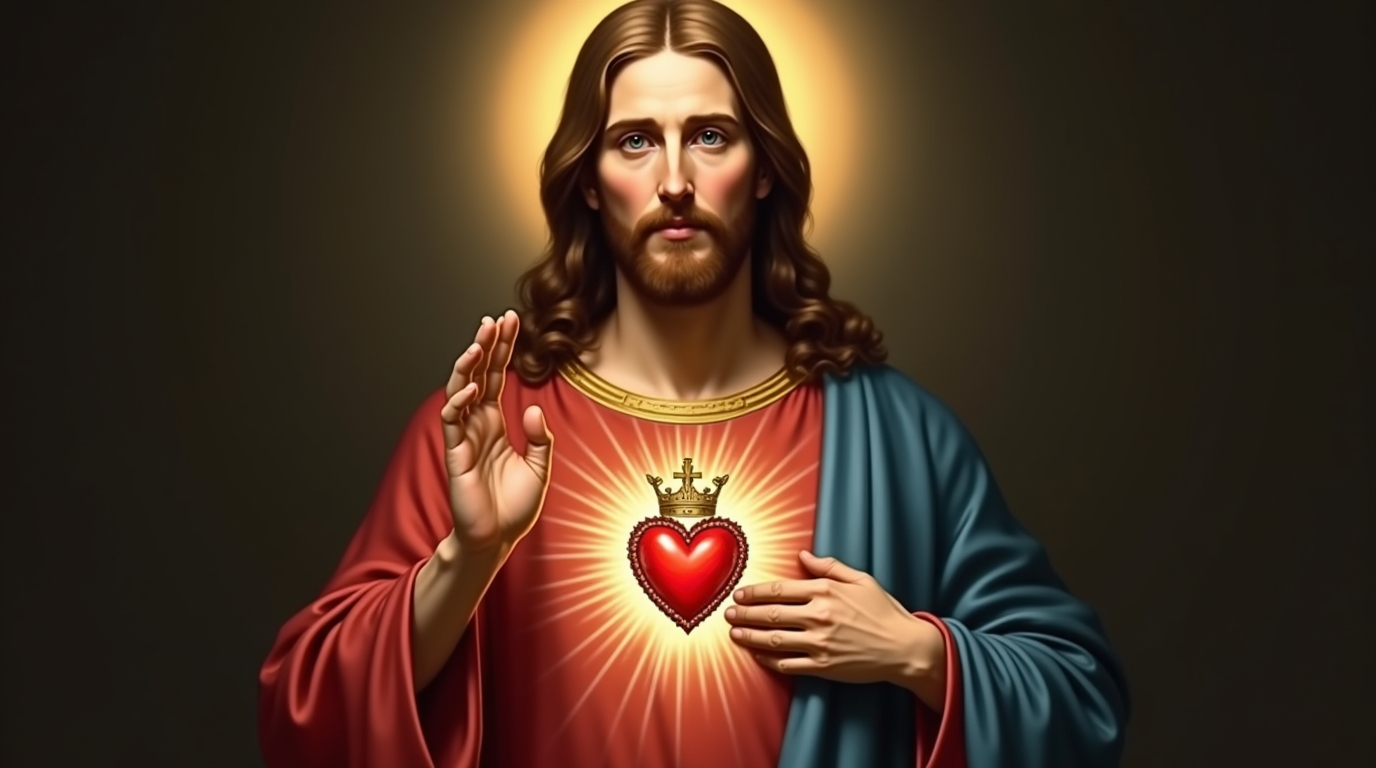 Representação clássica do Sagrado Coração de Jesus com chamas e coroa de espinhos, simbolizando o amor divino e a devoção cristã para fortalecer a fé.