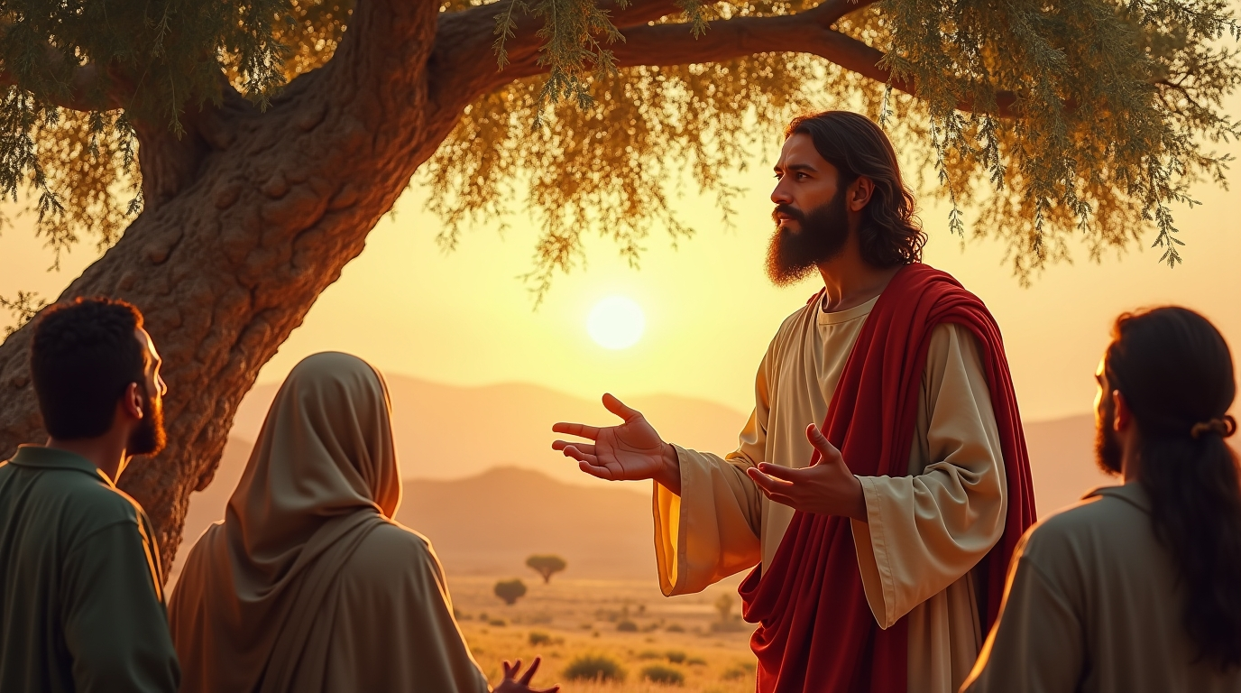 Jesus ensinando sob oliveira com luz dourada, ilustrando o fundamento bíblico da proteção prometida no Salmo 91