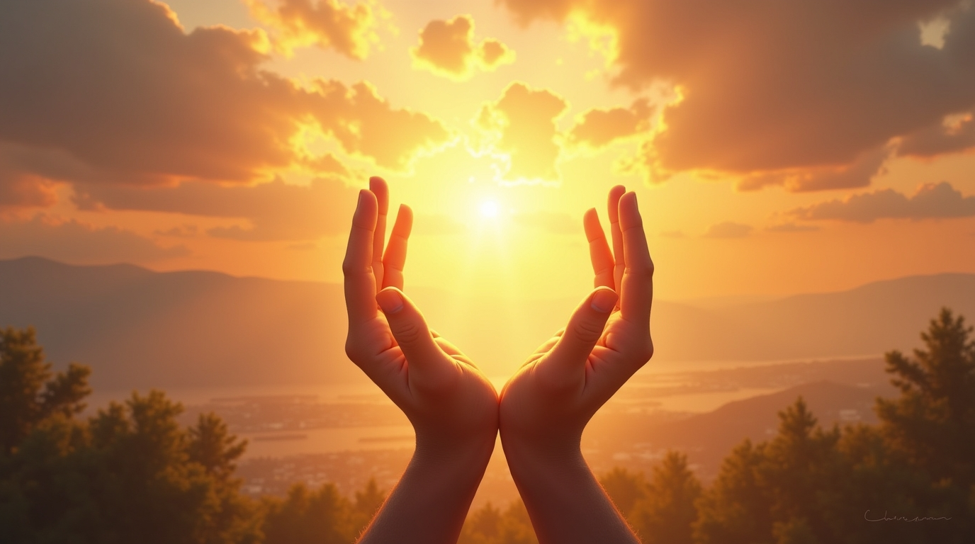 Mãos erguidas em vitória e louvor com luz divina rompendo nuvens, simbolizando o triunfo da fé e proteção do Salmo 91