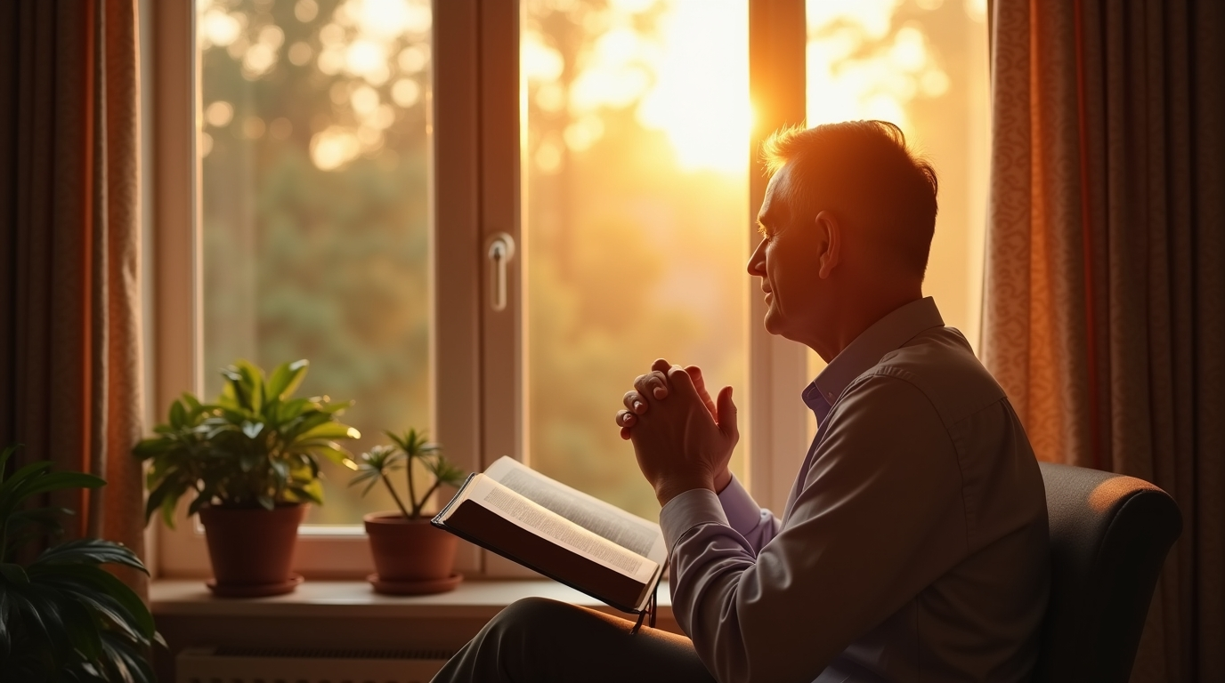 Pessoa de meia-idade lendo a Bíblia em oração ao amanhecer, aplicando o Salmo 91 na vida diária com paz e devoção