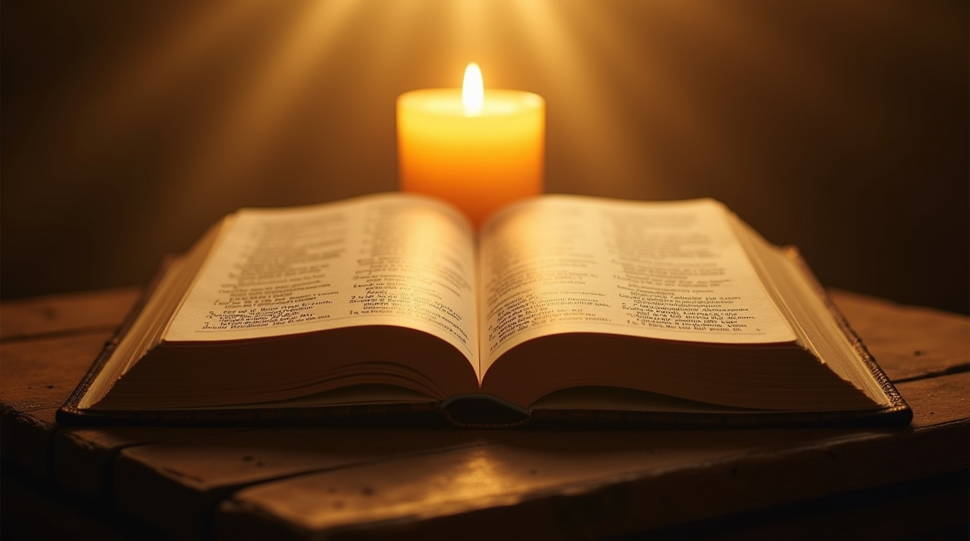 Bíblia sagrada aberta no livro de Salmos sobre mesa de madeira com vela acesa e luz dourada, representando proteção espiritual e oração