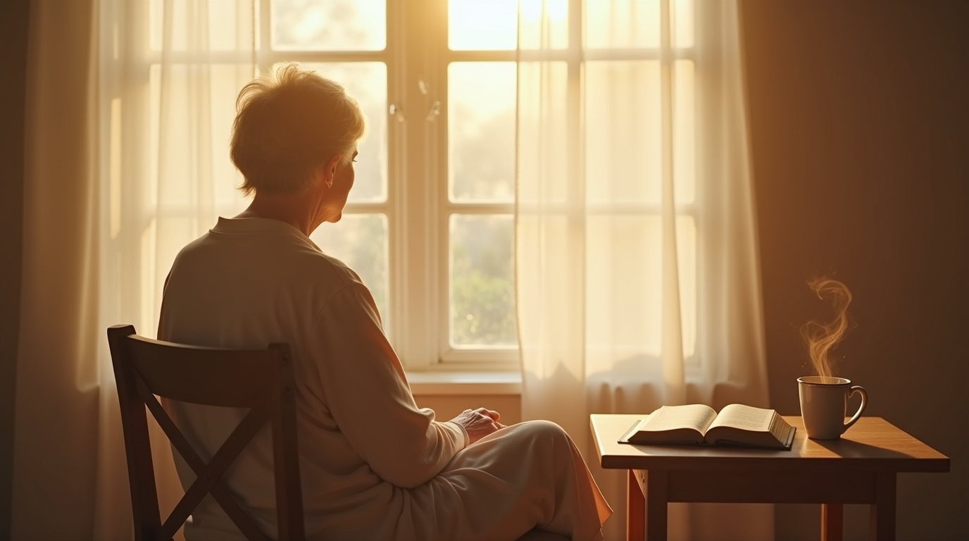 Pessoa madura em momento de oração e descanso com a Bíblia aberta, simbolizando o alívio da ansiedade através do convite de Jesus para o descanso espiritual.