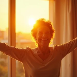Pessoa madura com expressão esperançosa ao nascer do sol simbolizando redescoberta do propósito divino e novos começos após os 50 anos