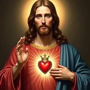 Representação clássica do Sagrado Coração de Jesus com chamas e coroa de espinhos, simbolizando o amor divino e a devoção cristã para fortalecer a fé.