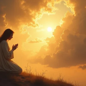 Pessoa ajoelhada em oração ao amanhecer com luz dourada divina atravessando nuvens escuras, representando a proteção do Salmo 91