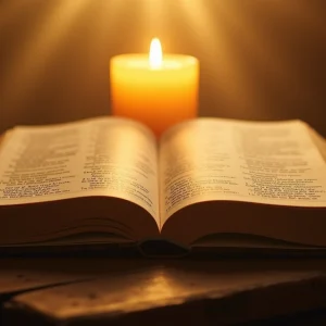 Bíblia sagrada aberta no livro de Salmos sobre mesa de madeira com vela acesa e luz dourada, representando proteção espiritual e oração