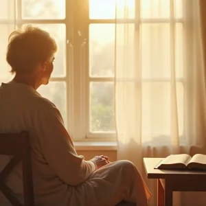 Pessoa madura em momento de oração e descanso com a Bíblia aberta, simbolizando o alívio da ansiedade através do convite de Jesus para o descanso espiritual.